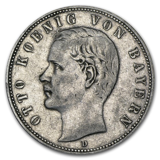 1891-1913 Germany Silver 5 Mark Bavaria Otto Avg Circ 1891-1913 Germany Silver 5 Mark Bavaria Otto Avg Circ